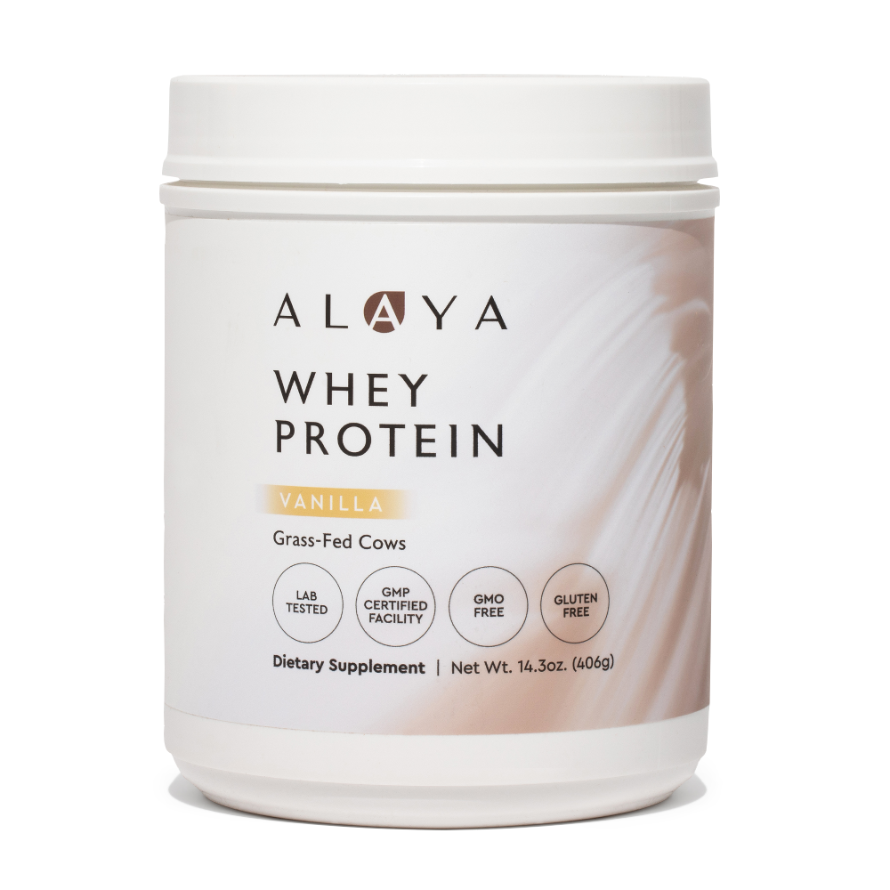 Alaya Grass Fed Whey Protein supplement bottle on a white background #hide