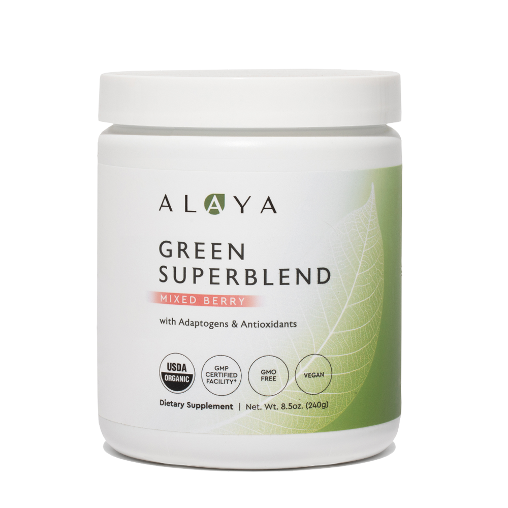Alaya Green Superblend Mixed Berry supplement bottle on a white background #hide #flavor_mixed-berry