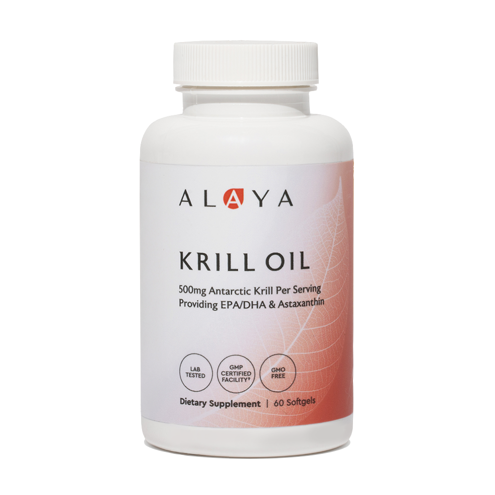 Alaya Krill Oil supplement bottle on a white background #hide