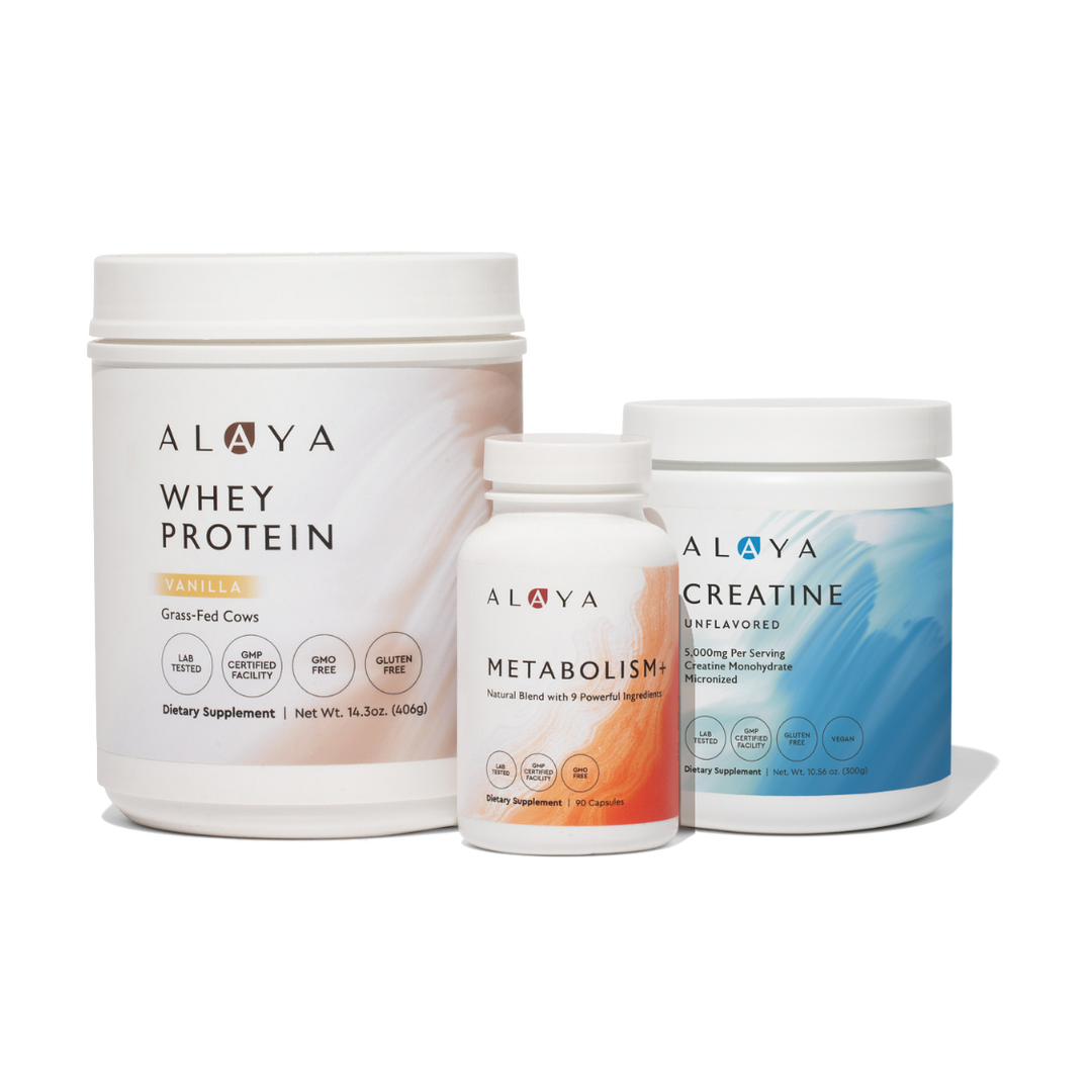 Alaya Naturals Whey Protein, Creatine and Metabolism+ products on a white background