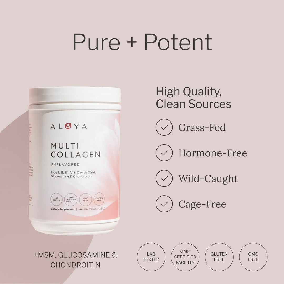 ALAYA Multi Collagen supplement container with certification icons on a light pink background #flavor_unflavored